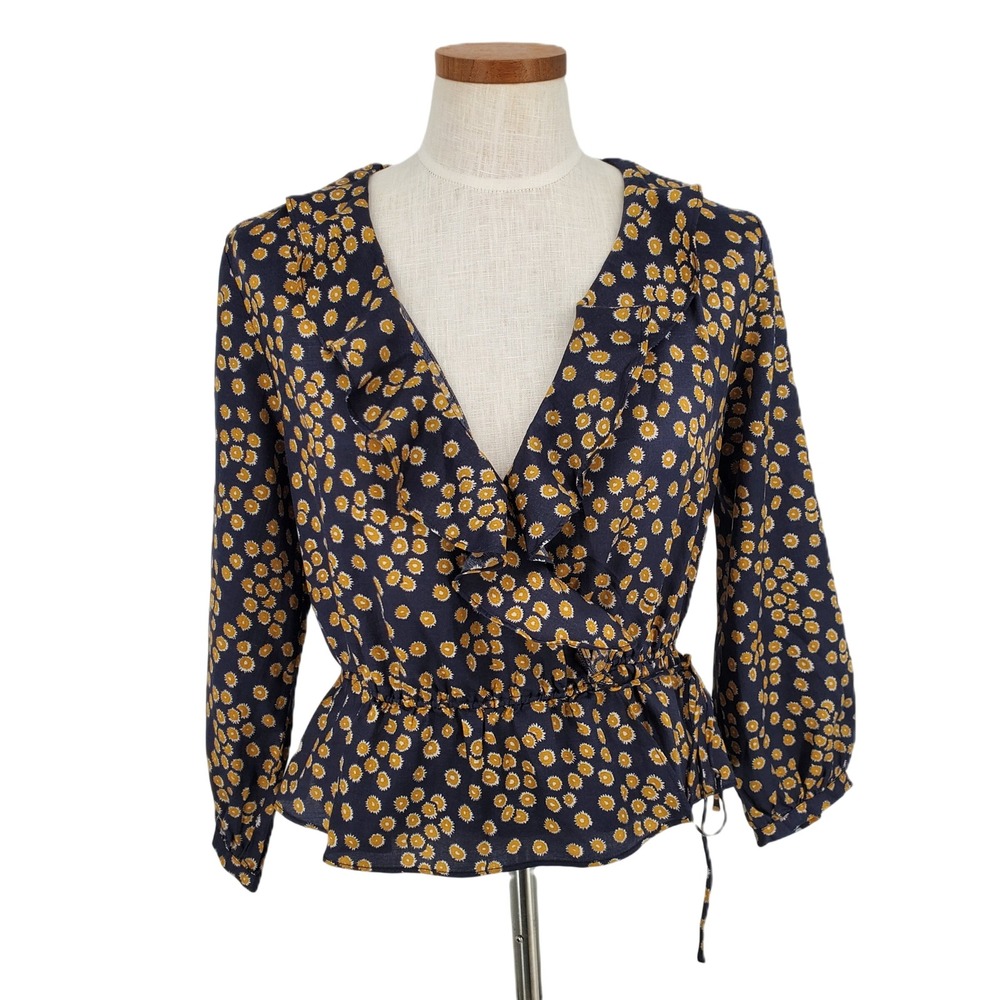 Outerknown Rhiannon Wrap Top Womens Small Blue Yellow Floral Silk Cotton Hemp